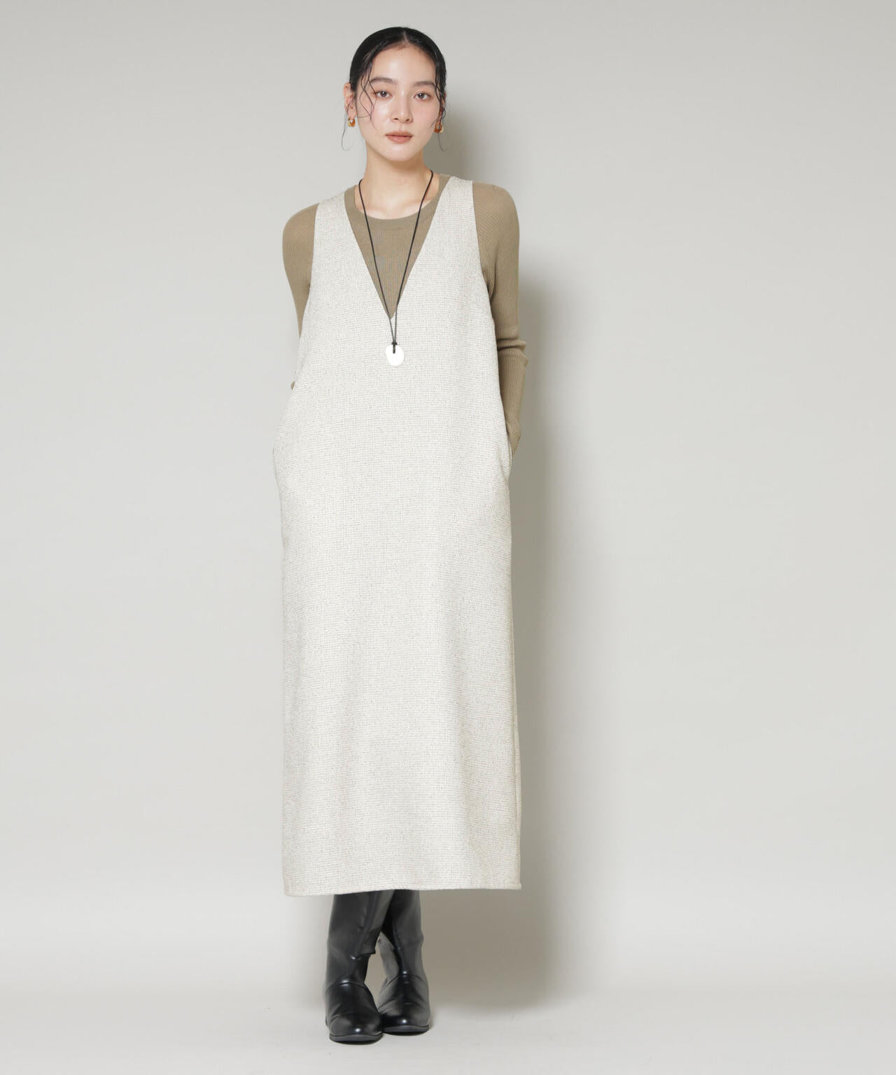 ツイードIラインワンピース×シアーリブニットセット 6695219329