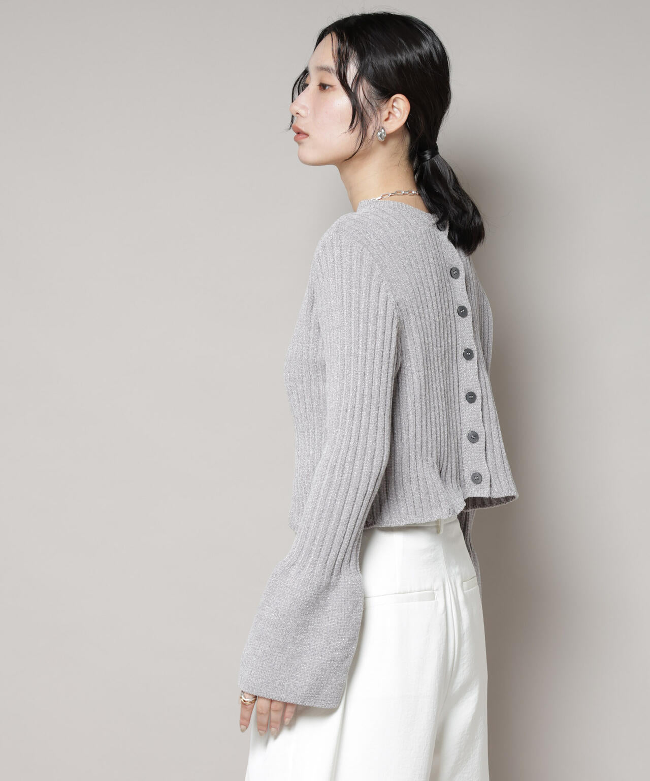 ラメモールワイドリブ前後2WAYフレアスリーブニット(セットアップ可) 6695222334