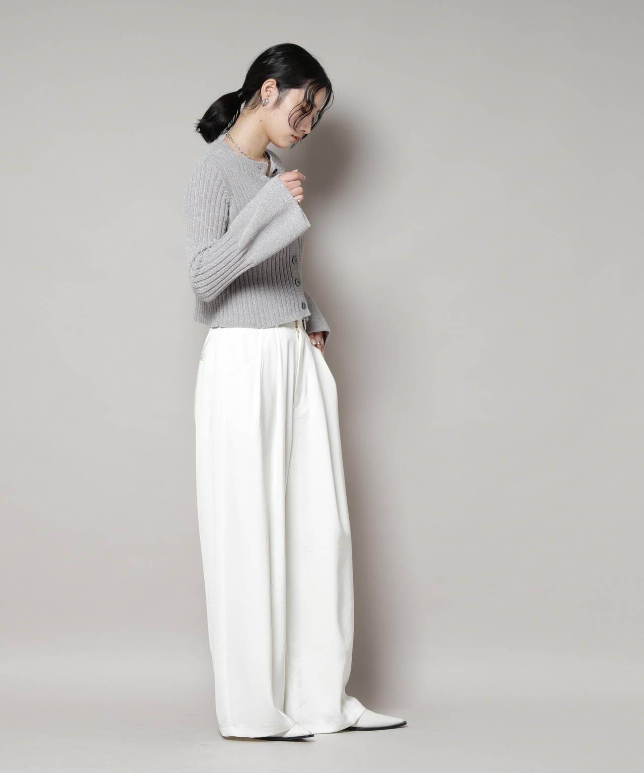 ラメモールワイドリブ前後2WAYフレアスリーブニット(セットアップ可) 6695222334