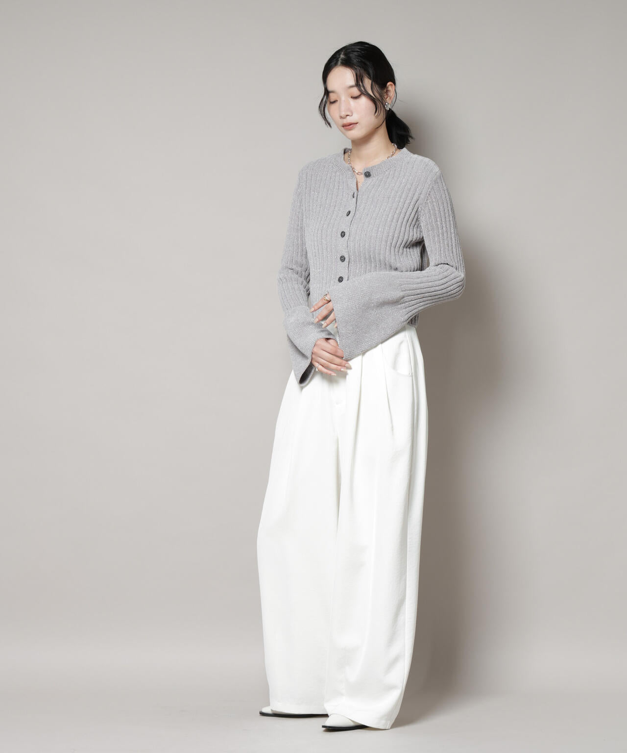 ラメモールワイドリブ前後2WAYフレアスリーブニット(セットアップ可) 6695222334