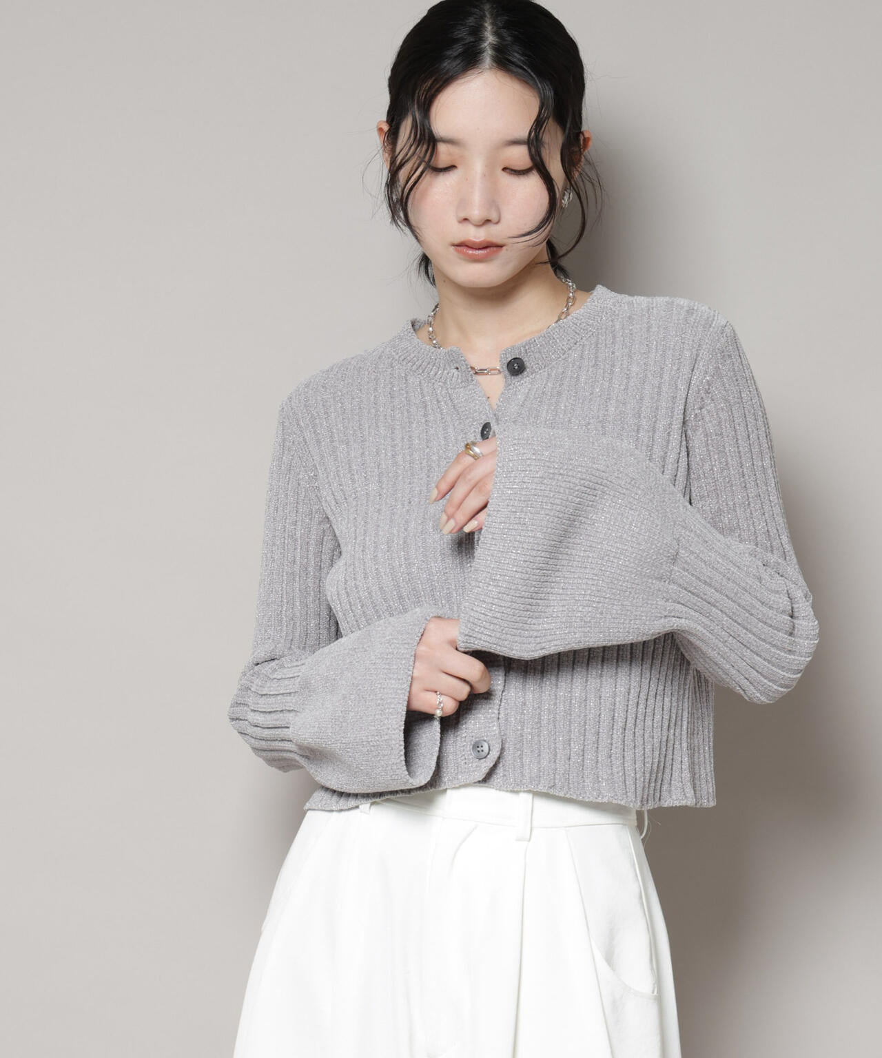 ラメモールワイドリブ前後2WAYフレアスリーブニット(セットアップ可) 6695222334