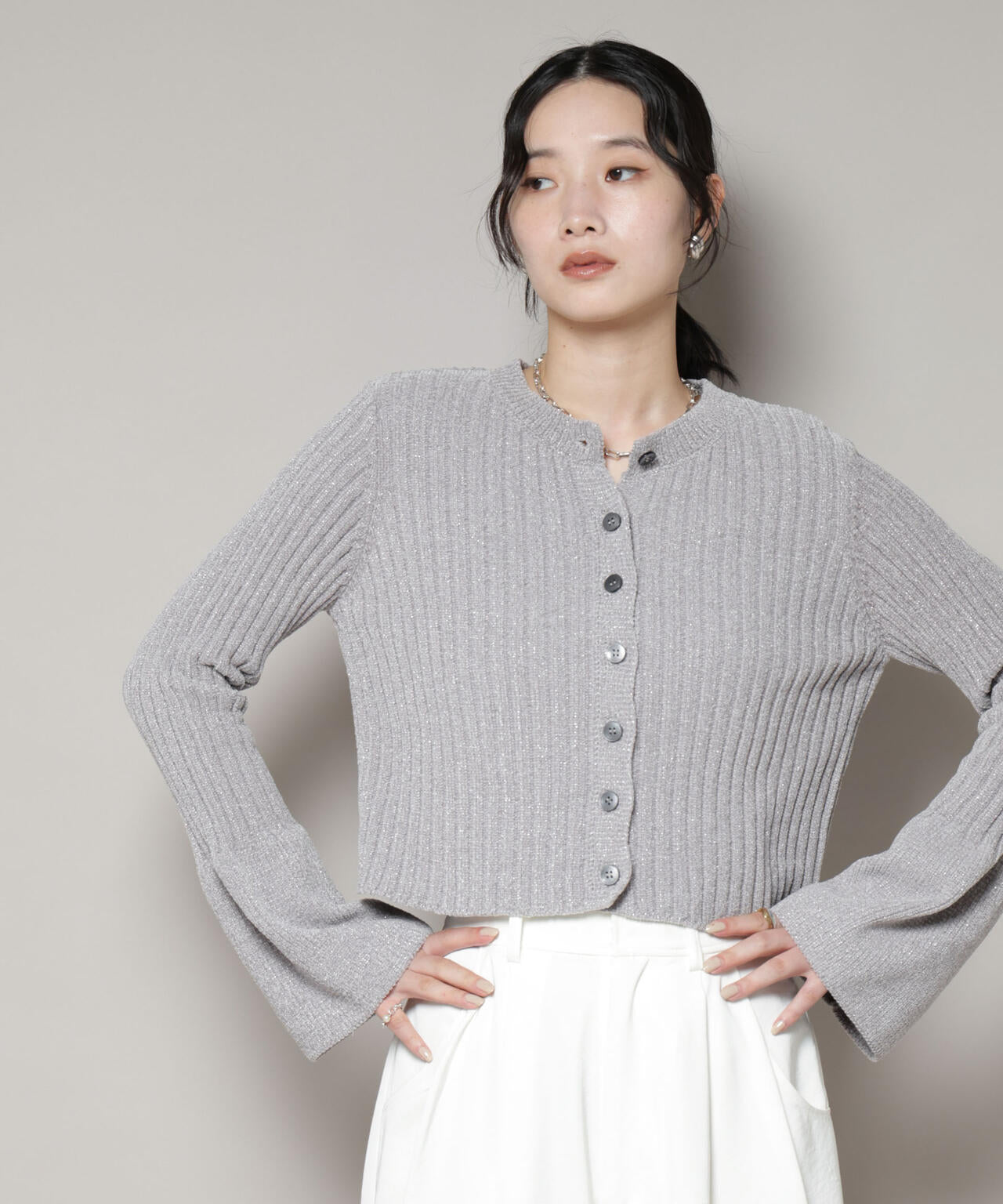 ラメモールワイドリブ前後2WAYフレアスリーブニット(セットアップ可)