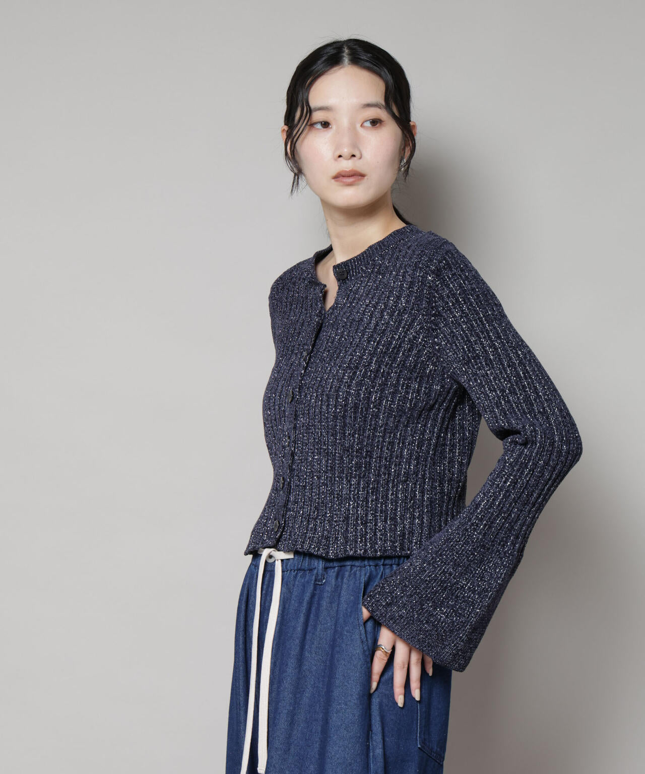 ラメモールワイドリブ前後2WAYフレアスリーブニット(セットアップ可) 6695222334