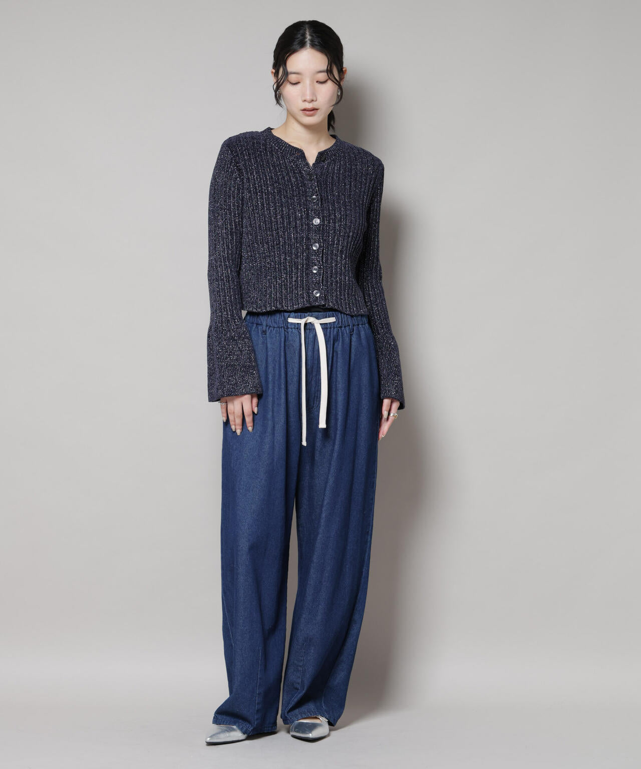 ラメモールワイドリブ前後2WAYフレアスリーブニット(セットアップ可) 6695222334