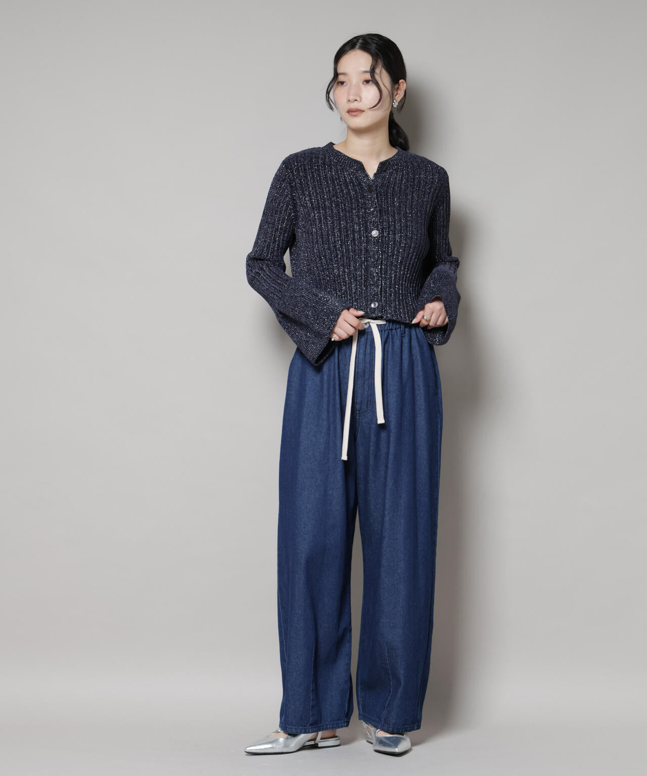 ラメモールワイドリブ前後2WAYフレアスリーブニット(セットアップ可) 6695222334