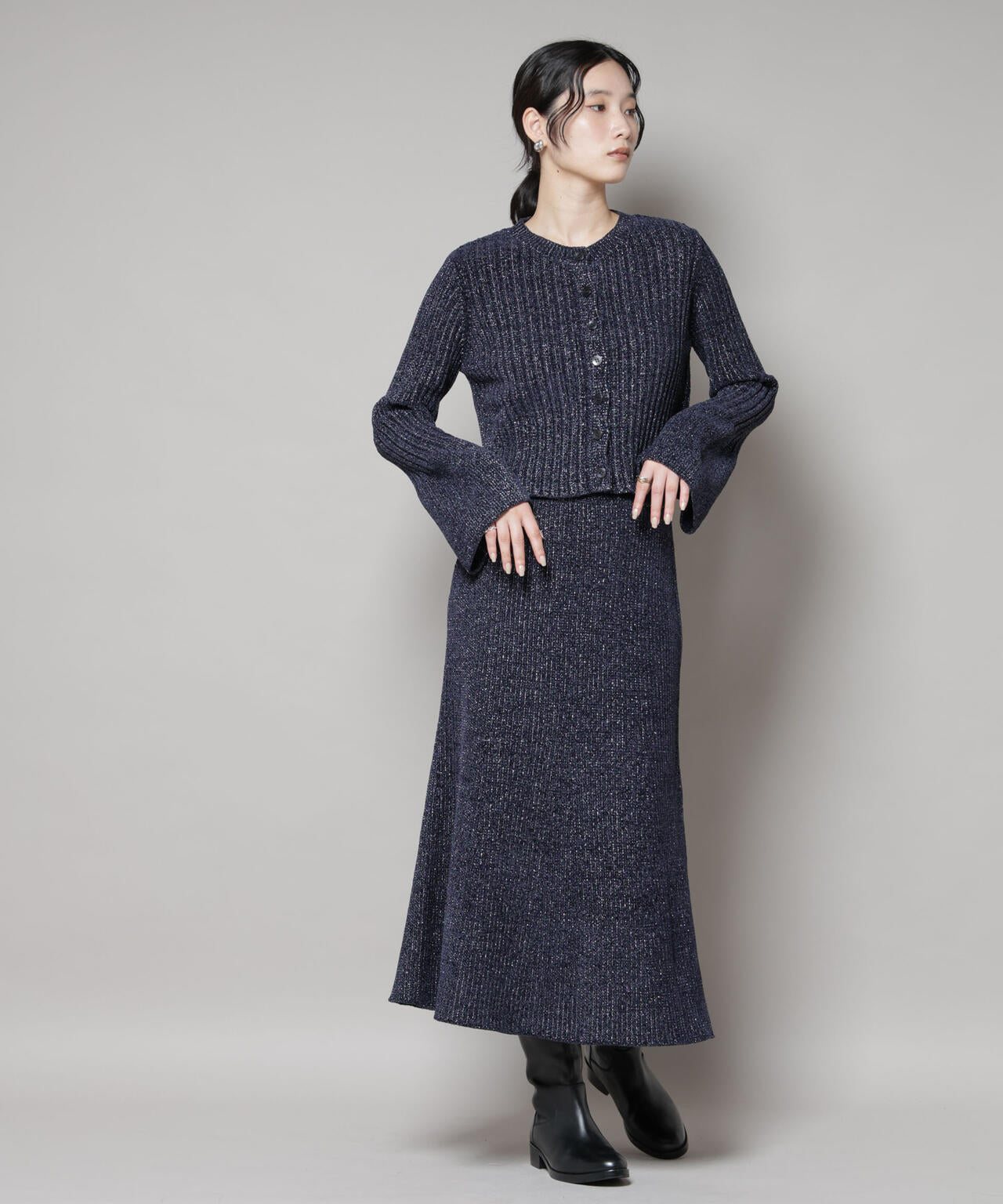 ラメモールワイドリブ前後2WAYフレアスリーブニット(セットアップ可) 6695222334