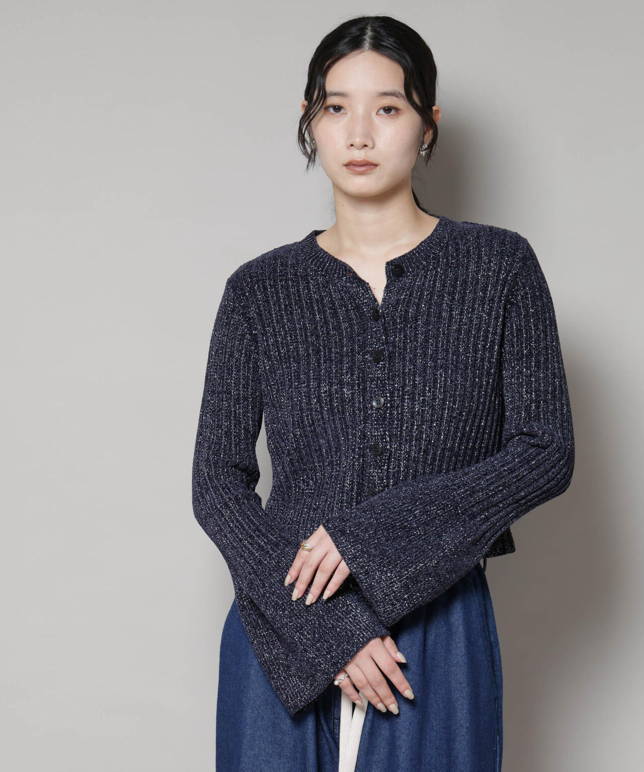 ラメモールワイドリブ前後2WAYフレアスリーブニット(セットアップ可) 6695222334