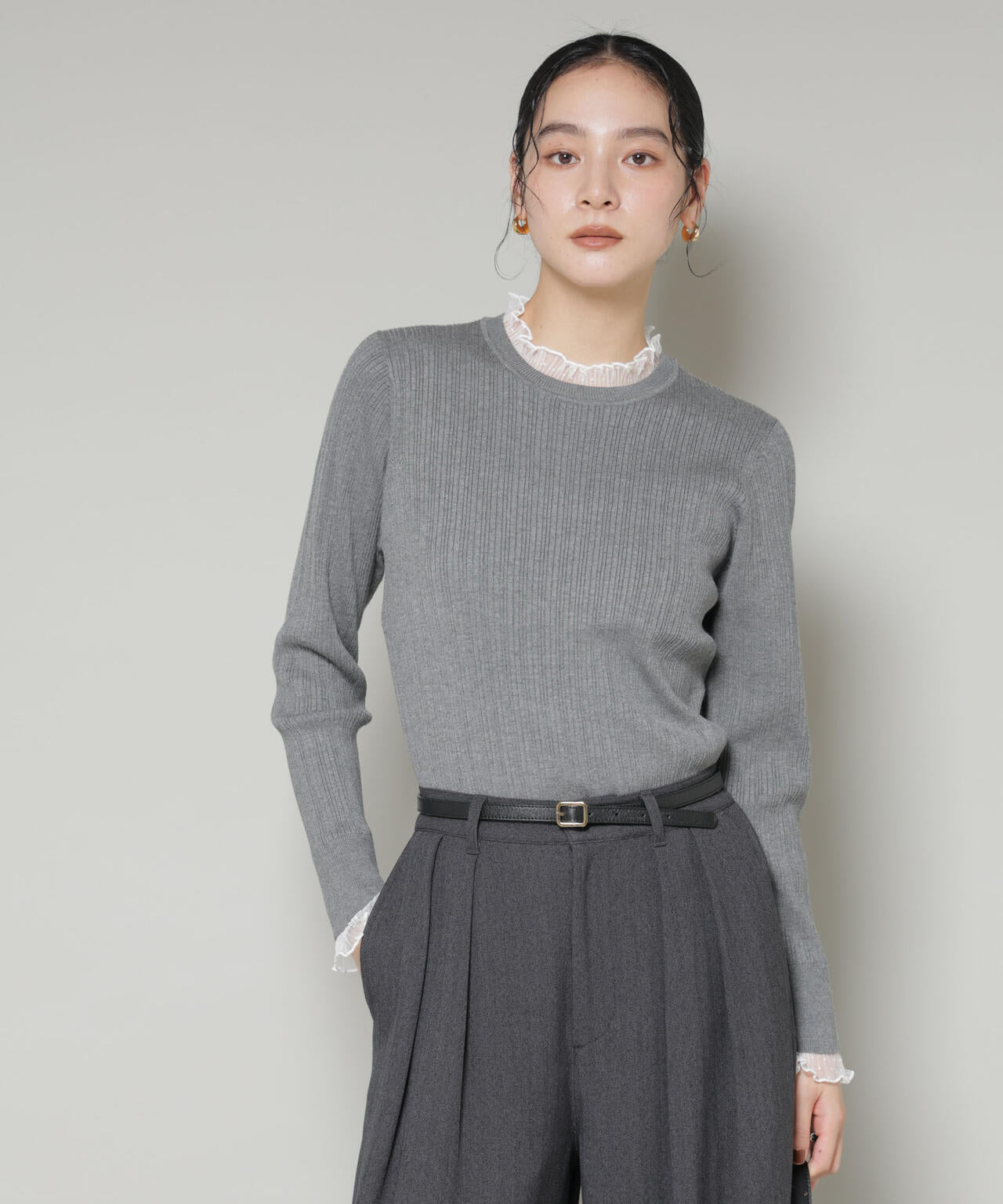 ホホバオイル加工チュールフリル付きランダムリブニット 6695222342