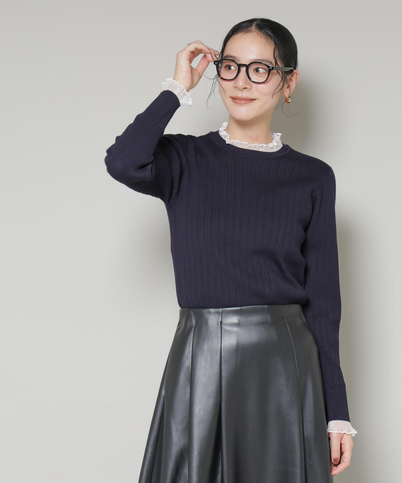 ホホバオイル加工チュールフリル付きランダムリブニット 6695222342