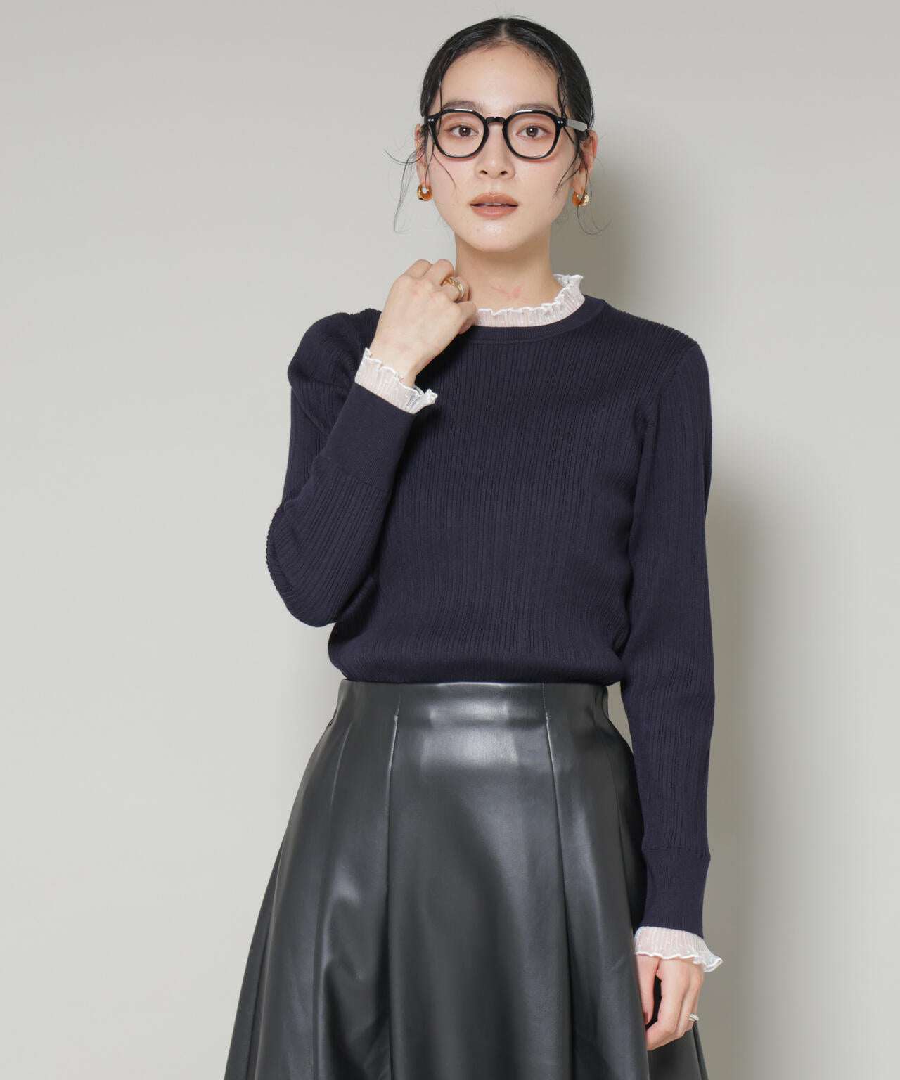 ホホバオイル加工チュールフリル付きランダムリブニット 6695222342