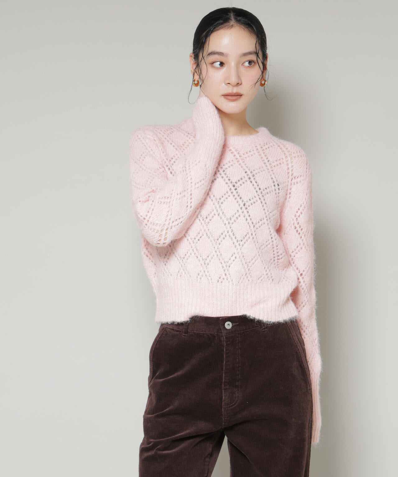 ヘアリー透かしダイヤ柄ニットプルオーバー 6695222344