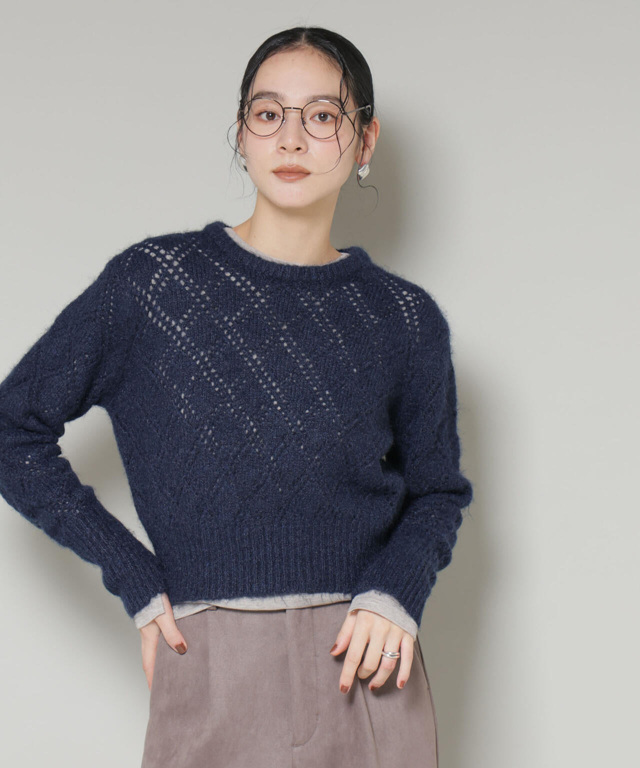 ヘアリー透かしダイヤ柄ニットプルオーバー