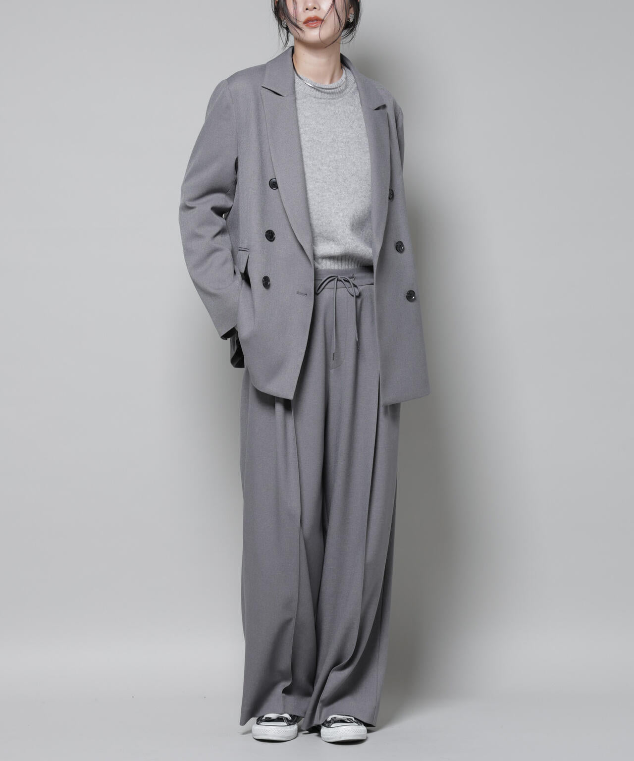 ストレッチサージピンタックイージーワイドパンツ(セットアップ可)