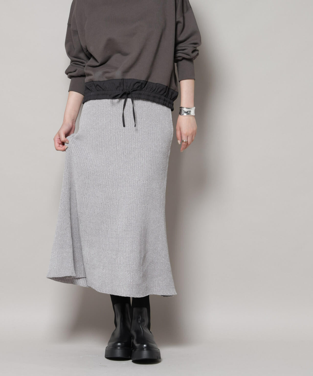 ラメモールワイドリブマーメイドニットスカート(セットアップ可)
