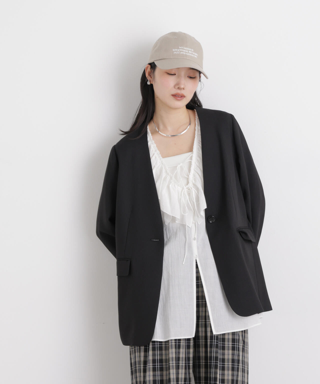 リネンライクツイルラペルレスジャケット 6696116309