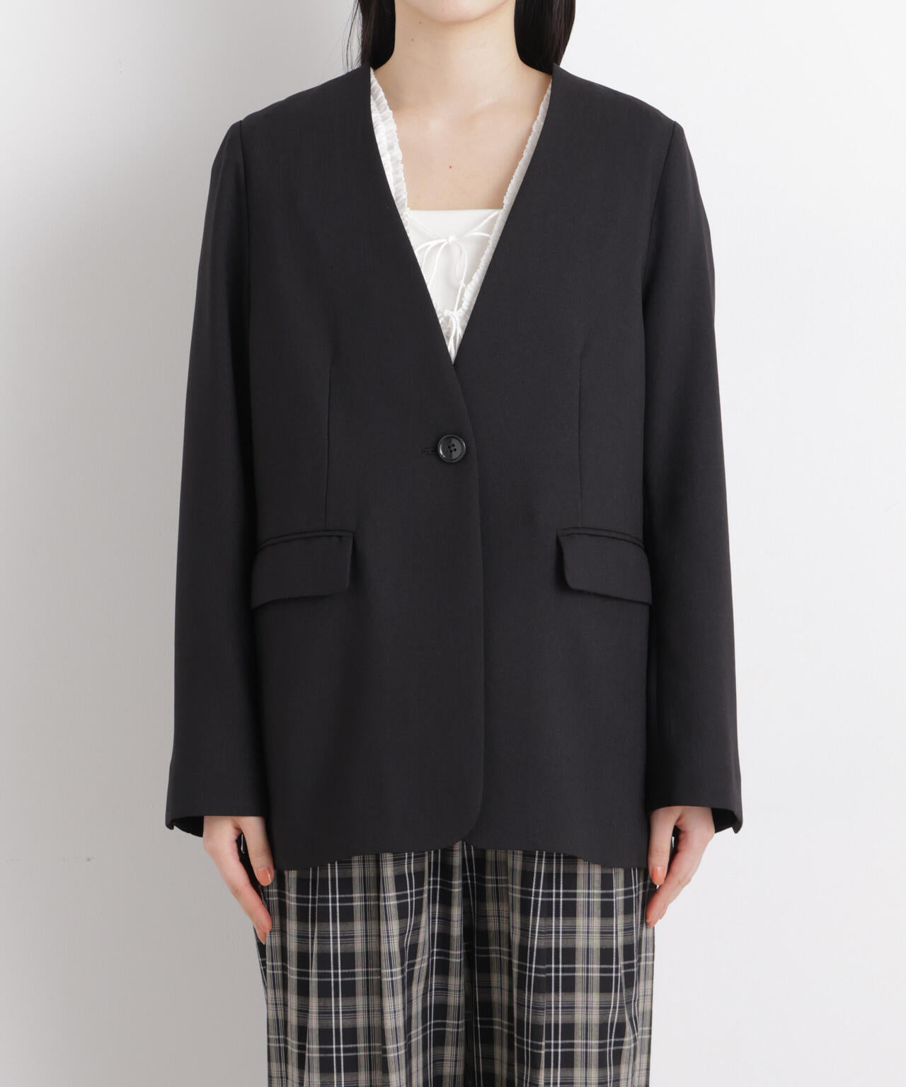 リネンライクツイルラペルレスジャケット 6696116309