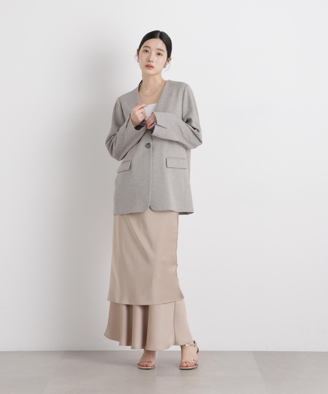 リネンライクツイルラペルレスジャケット 6696116309