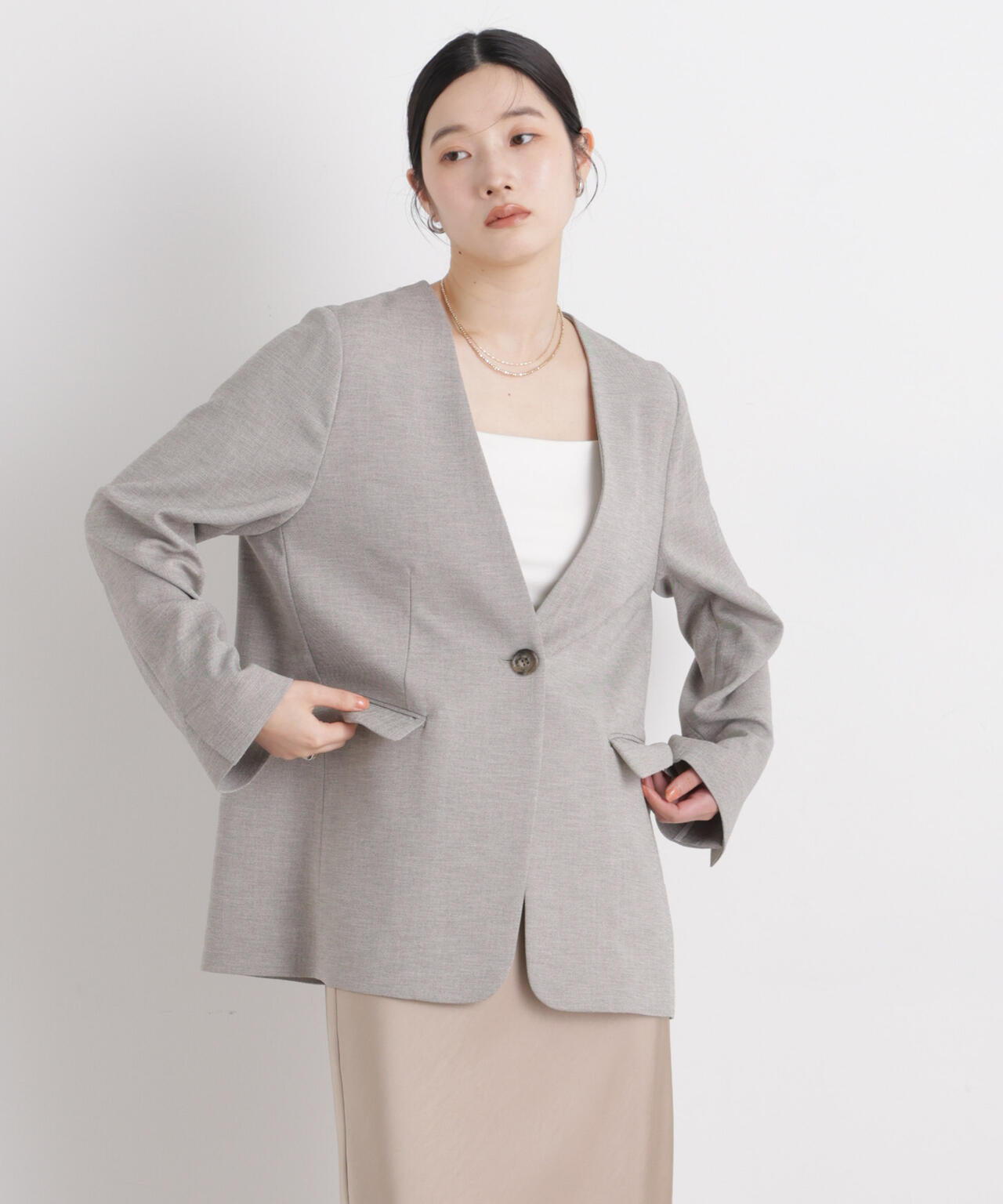 リネンライクツイルラペルレスジャケット