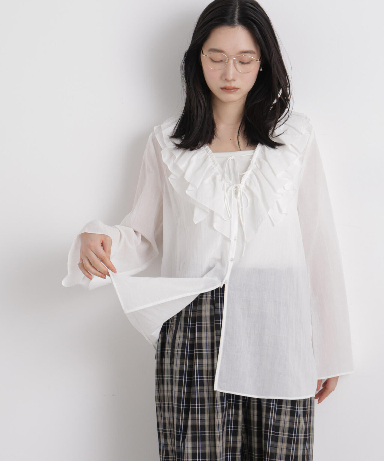 コットンシフォンフリルブラウス