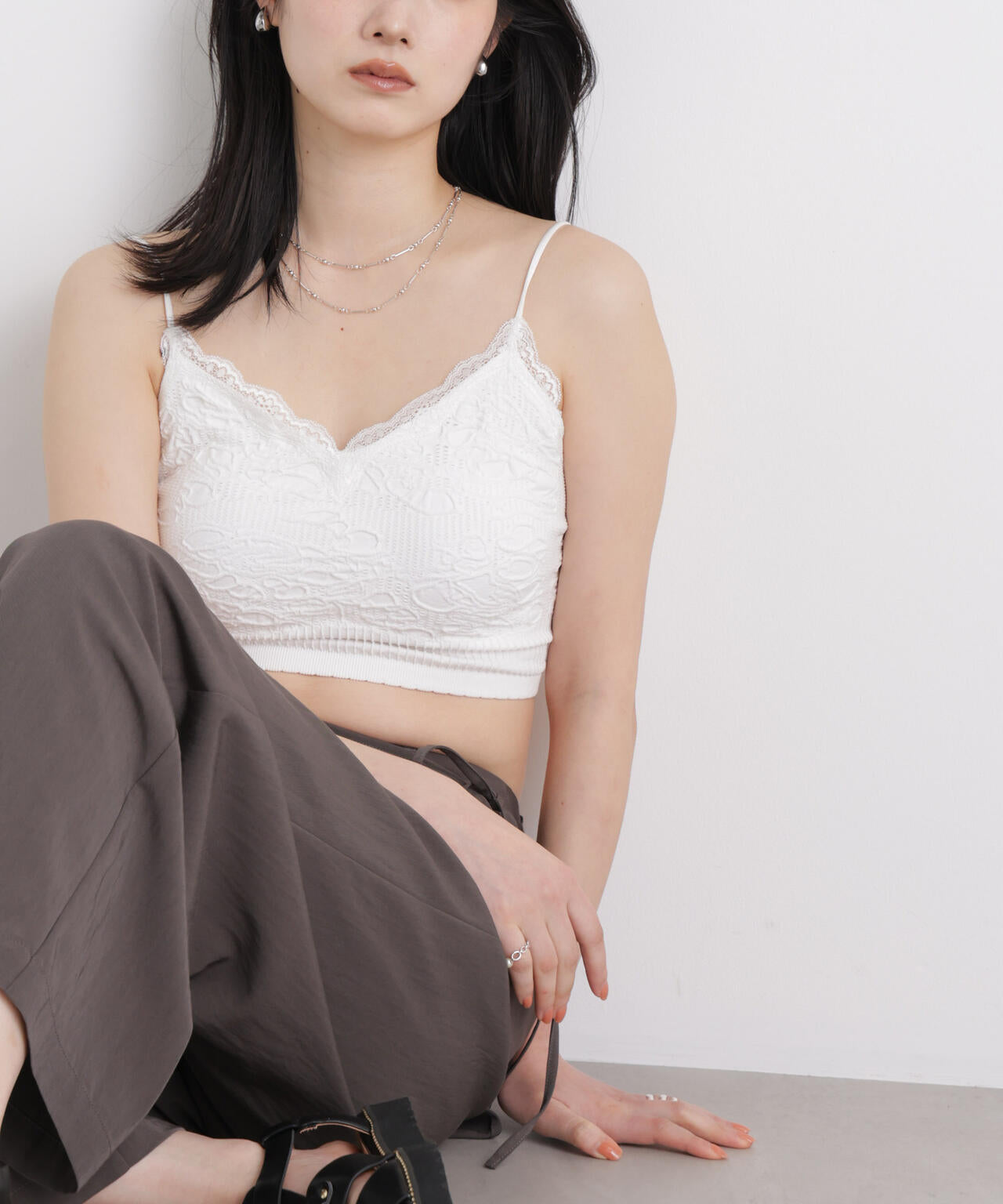 レースジャガードカップ取り外しクロップドキャミソール 6696124315