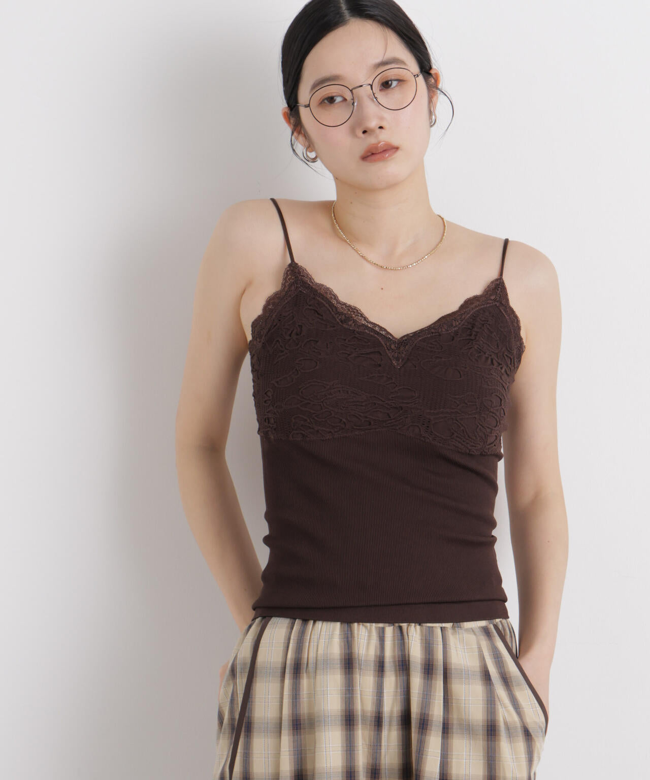 レースジャガードカップ付きキャミソール 6696124316