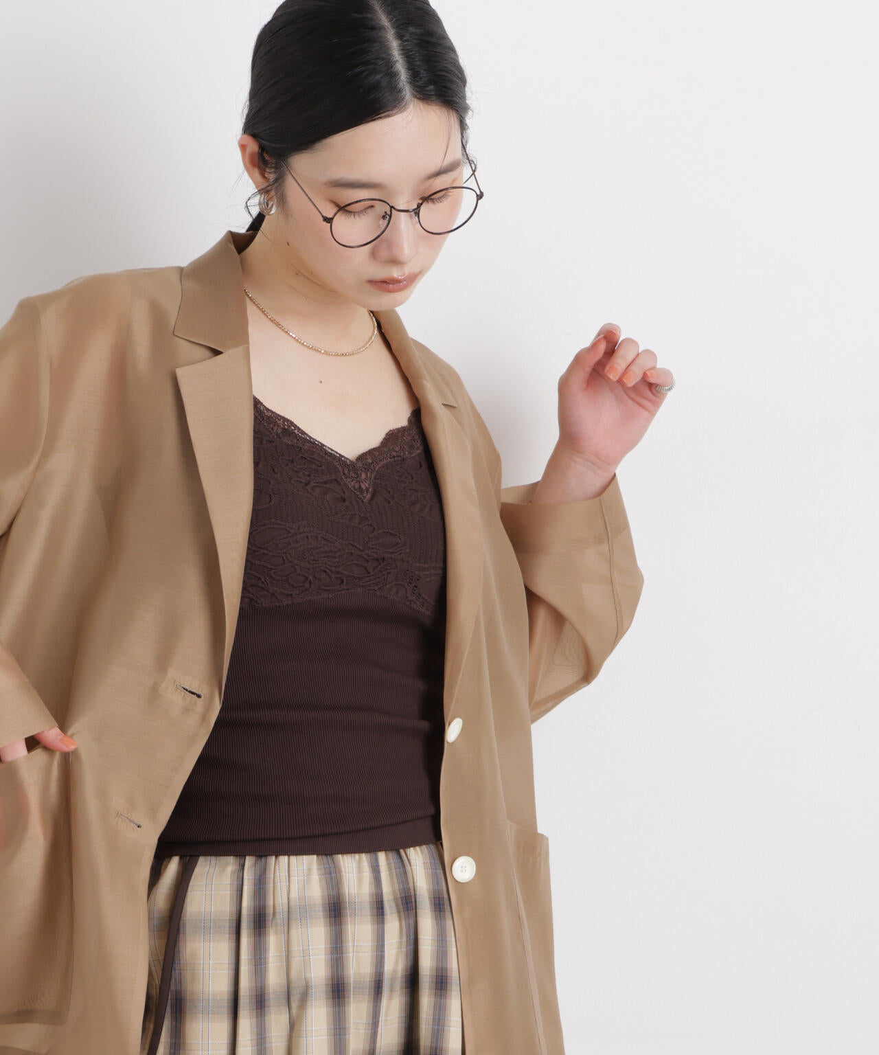 レースジャガードカップ付きキャミソール 6696124316