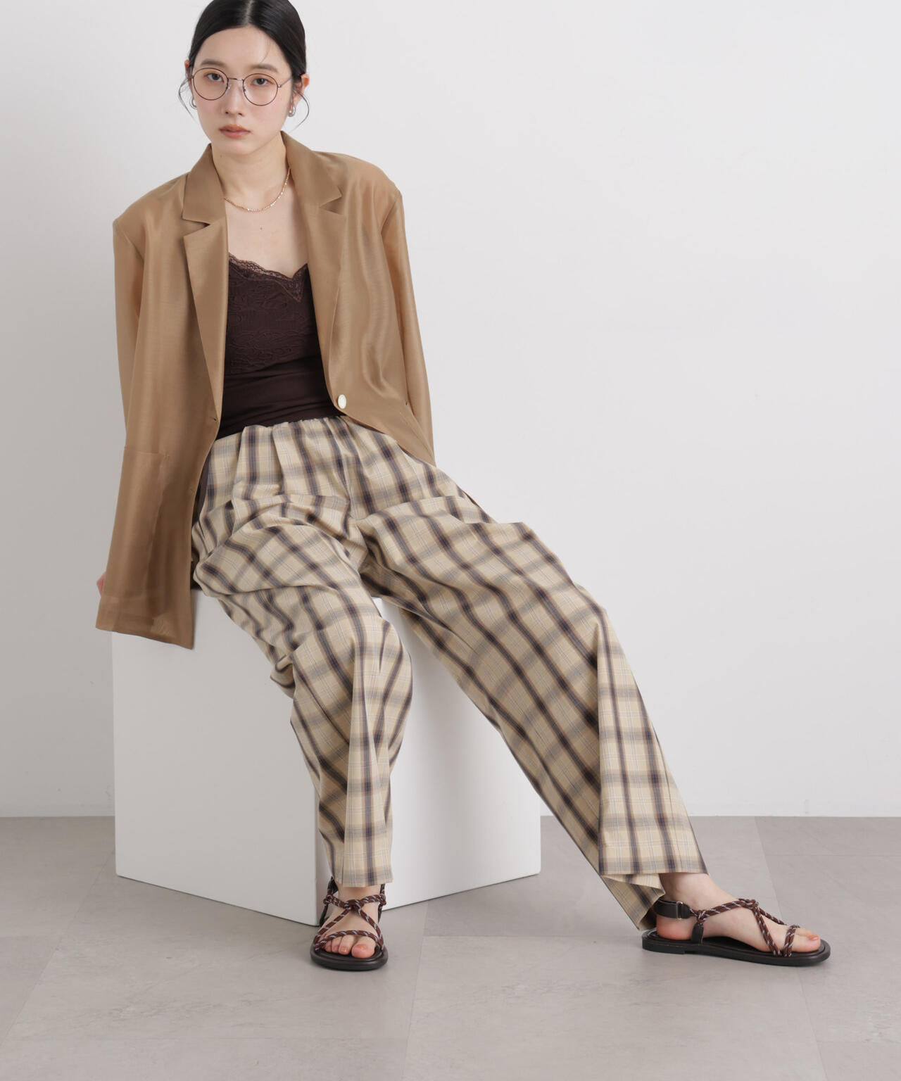 レースジャガードカップ付きキャミソール 6696124316