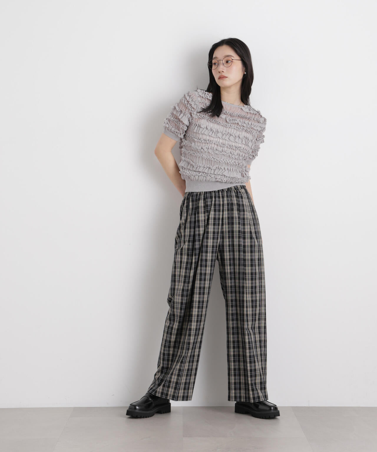 チェックイージーワイドパンツ 6696127312