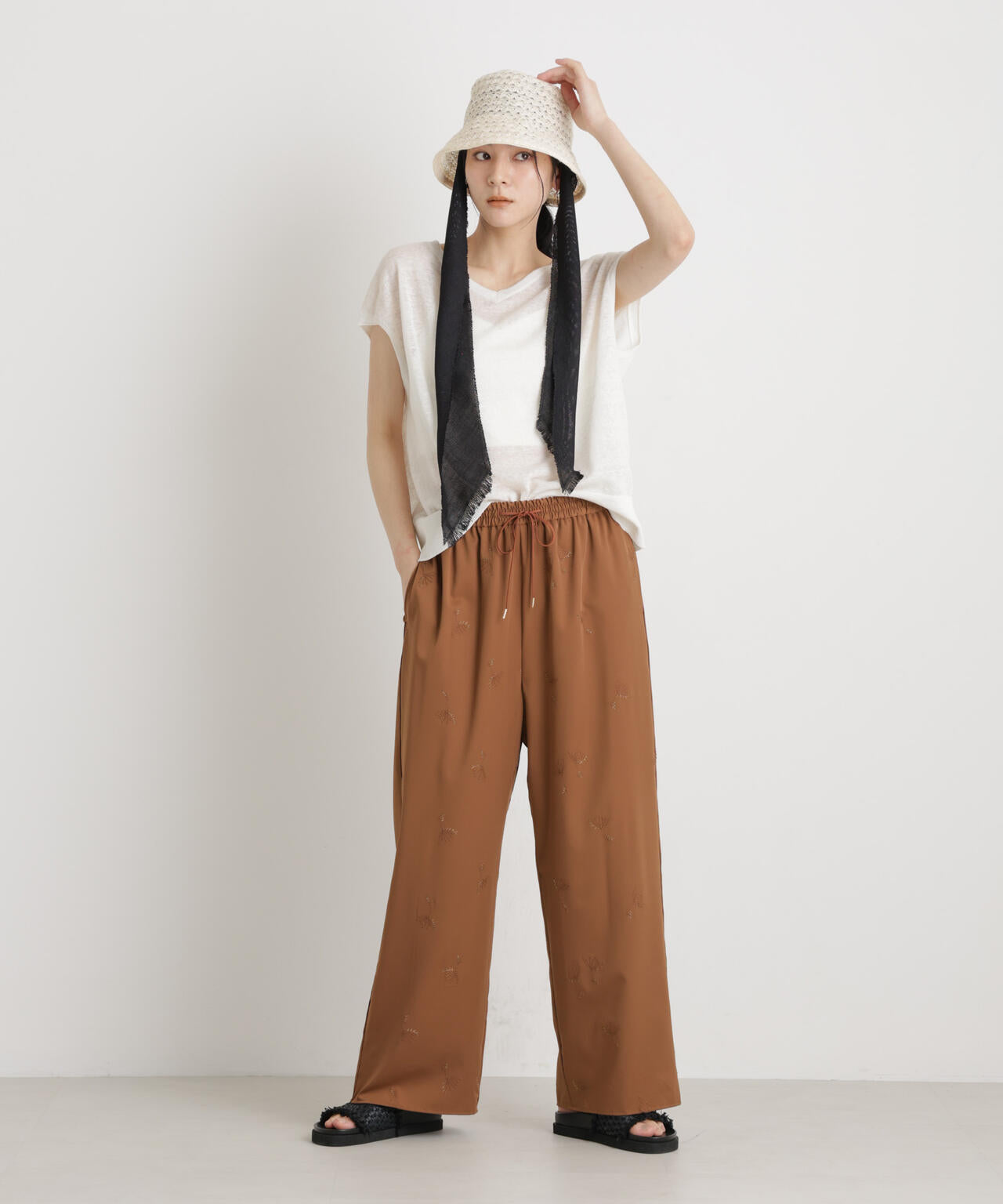 刺繍ツイルイージーワイドパンツ(セットアップ可) 6696127316