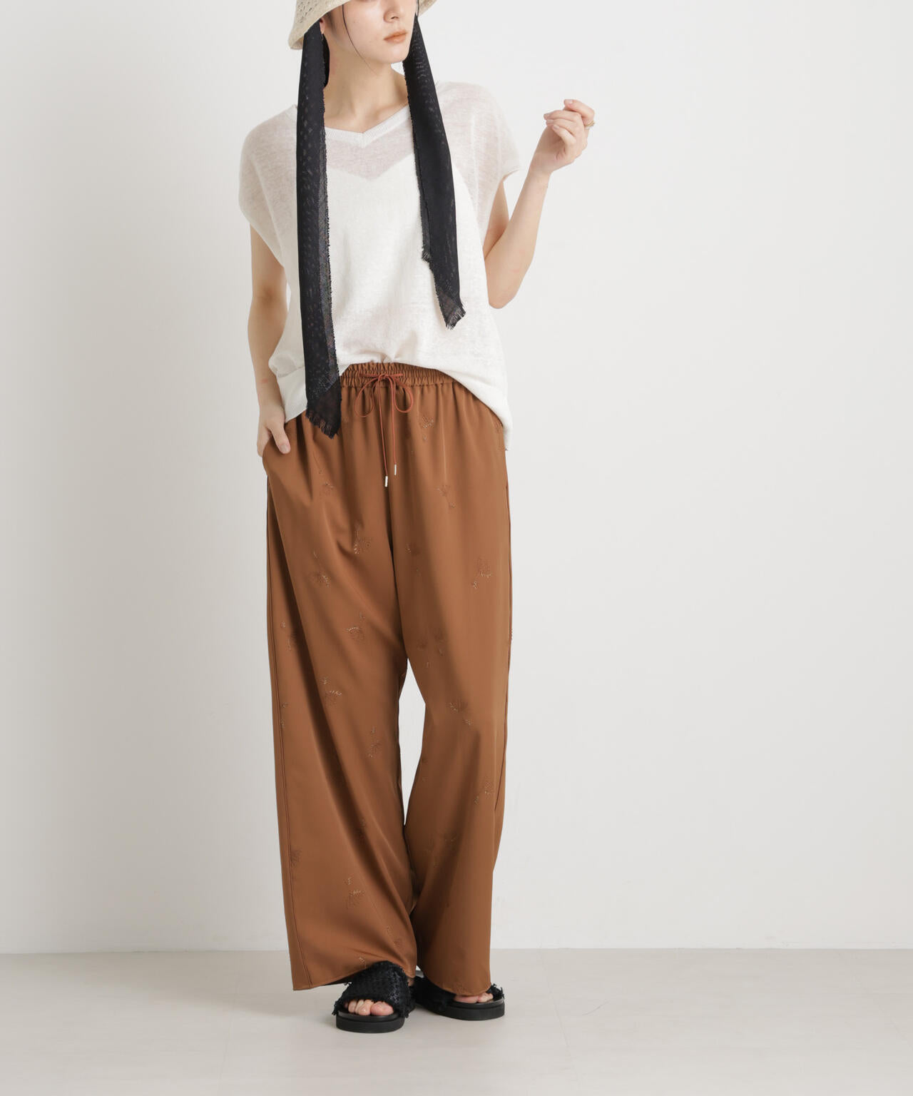 刺繍ツイルイージーワイドパンツ(セットアップ可)