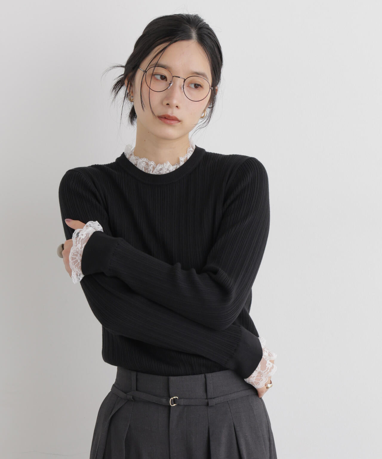 CICA&UVカット加工レースフリル付きリブニット 6696222319