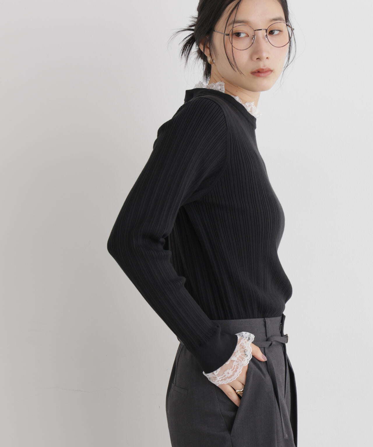 CICA&UVカット加工レースフリル付きリブニット 6696222319