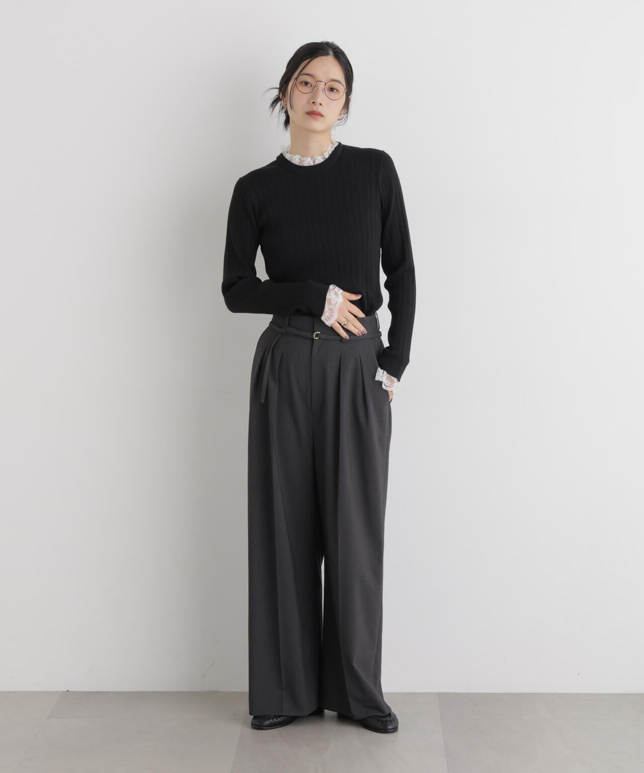 CICA&UVカット加工レースフリル付きリブニット 6696222319