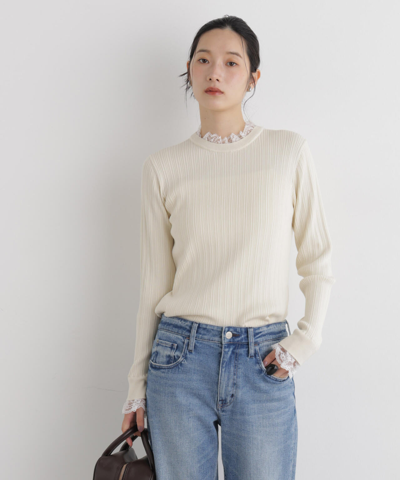 CICA&UVカット加工レースフリル付きリブニット 6696222319