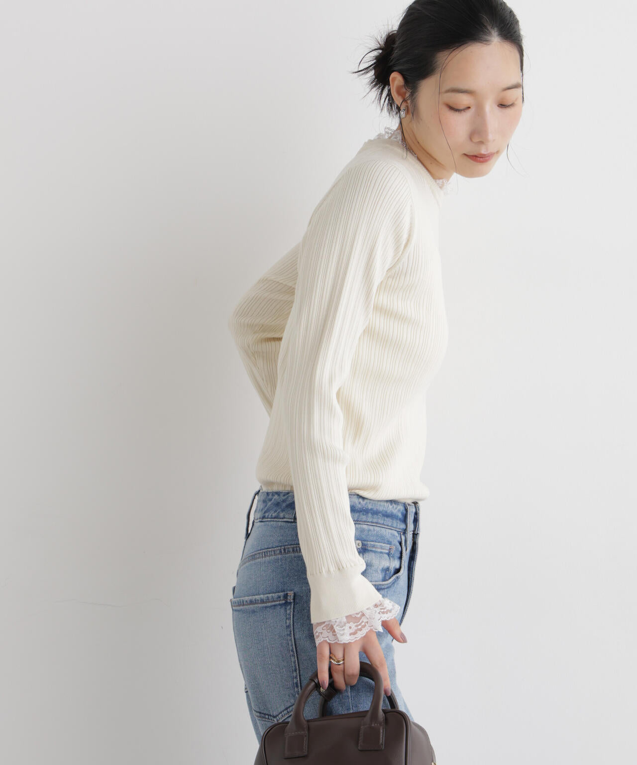 CICA&UVカット加工レースフリル付きリブニット 6696222319