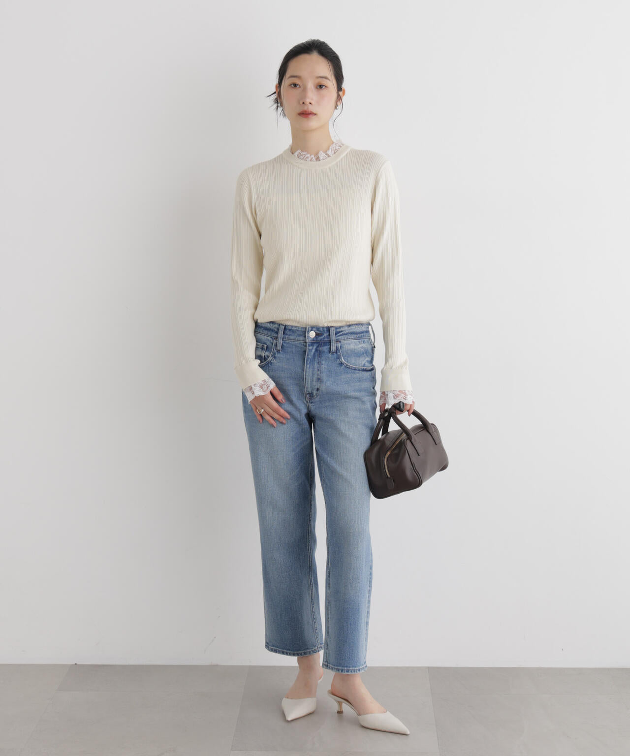 CICA&UVカット加工レースフリル付きリブニット 6696222319