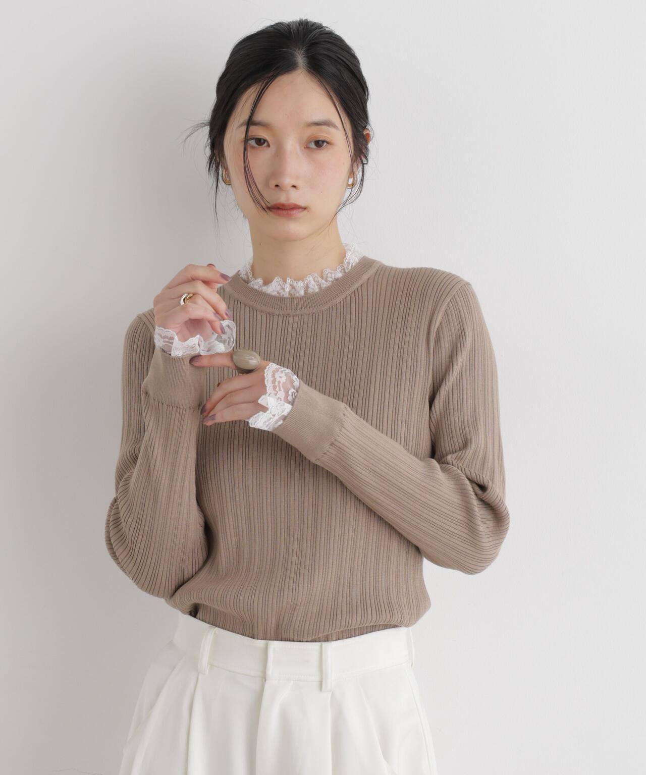 CICA&UVカット加工レースフリル付きリブニット 6696222319