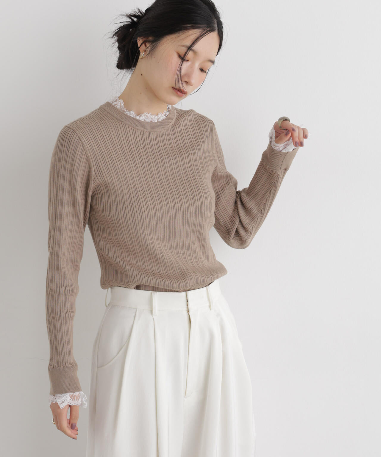 CICA&UVカット加工レースフリル付きリブニット 6696222319