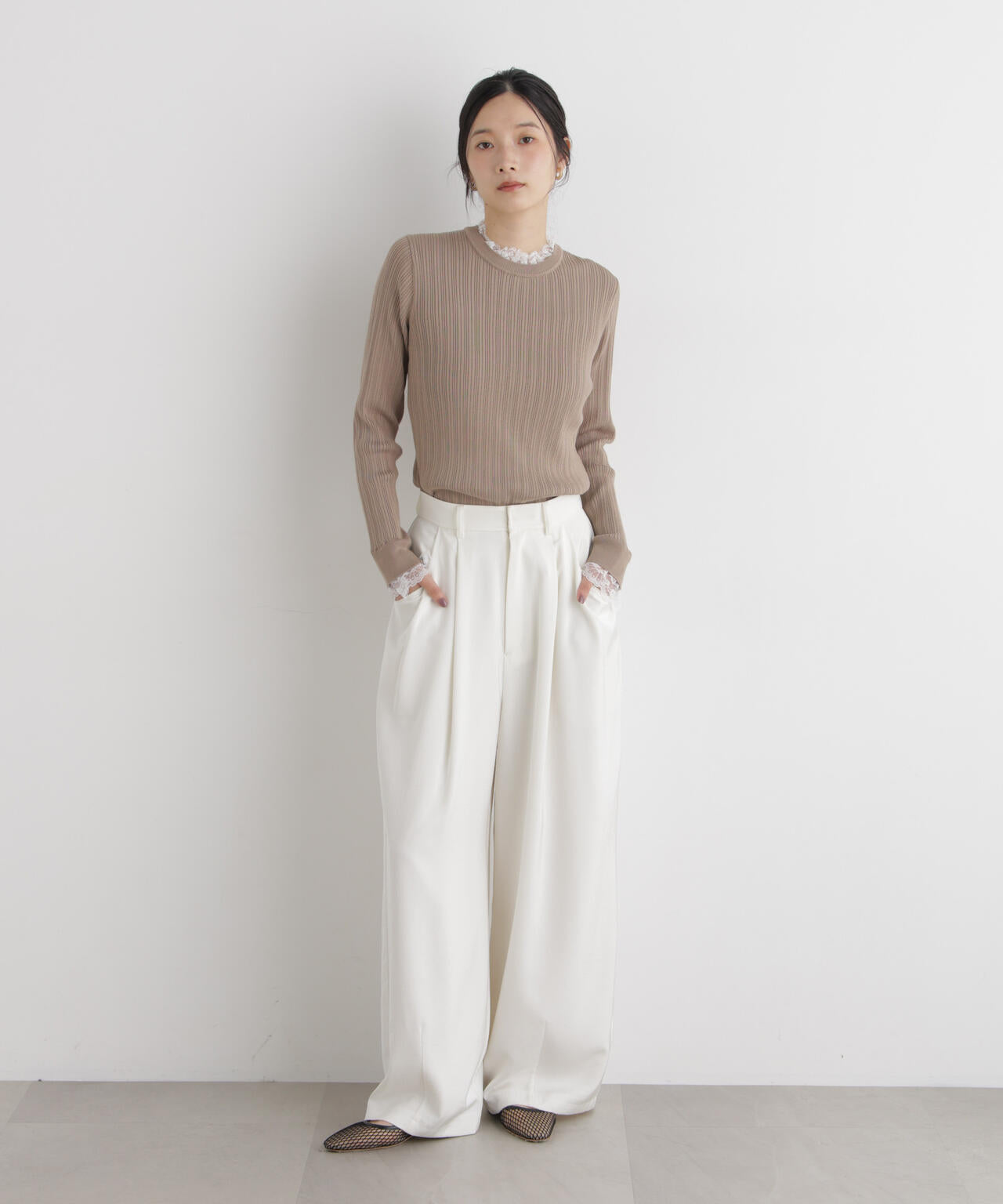 CICA&UVカット加工レースフリル付きリブニット 6696222319