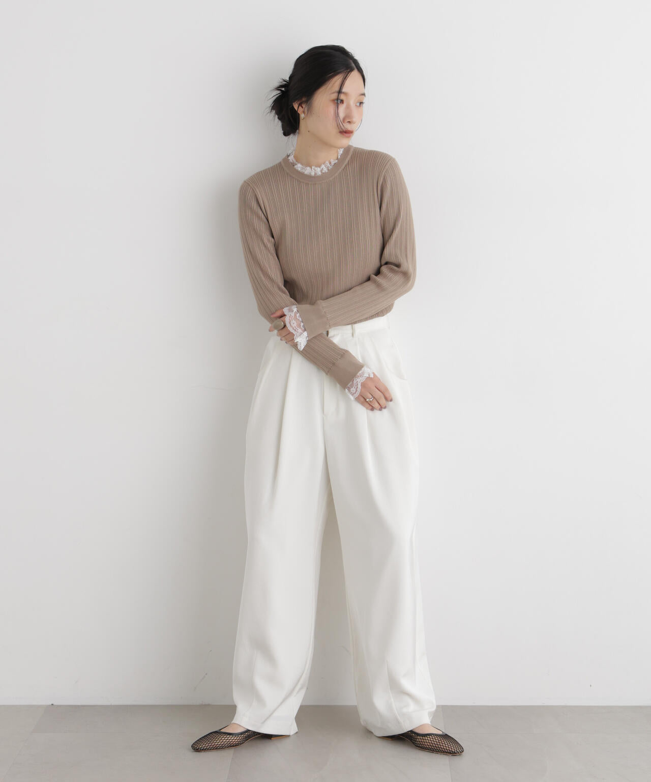 CICA&UVカット加工レースフリル付きリブニット 6696222319