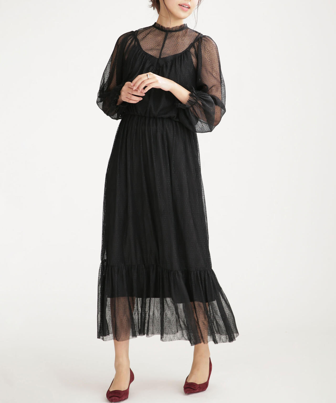 troisiemechaco/ドットプリーツチュールワンピース 6711119001