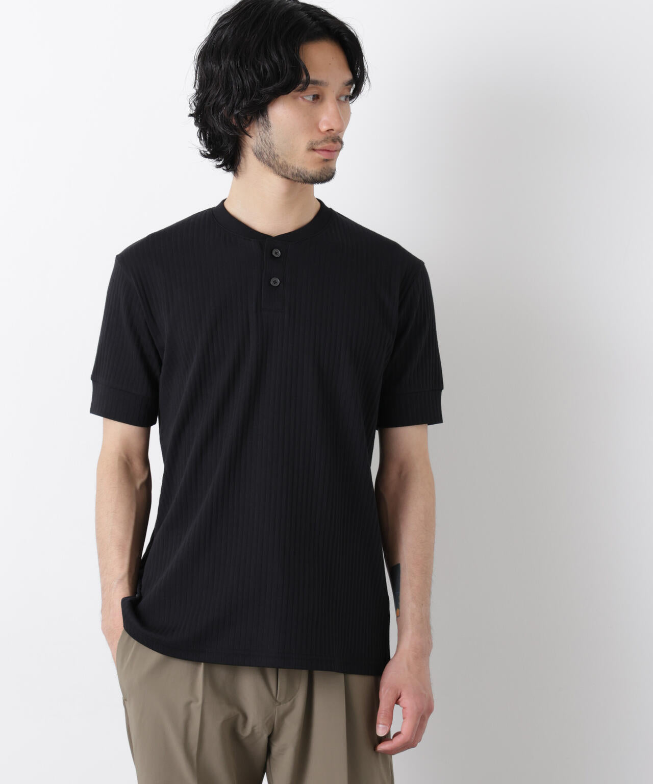 ワイドリブスタンダードヘンリーネックTシャツ 半袖