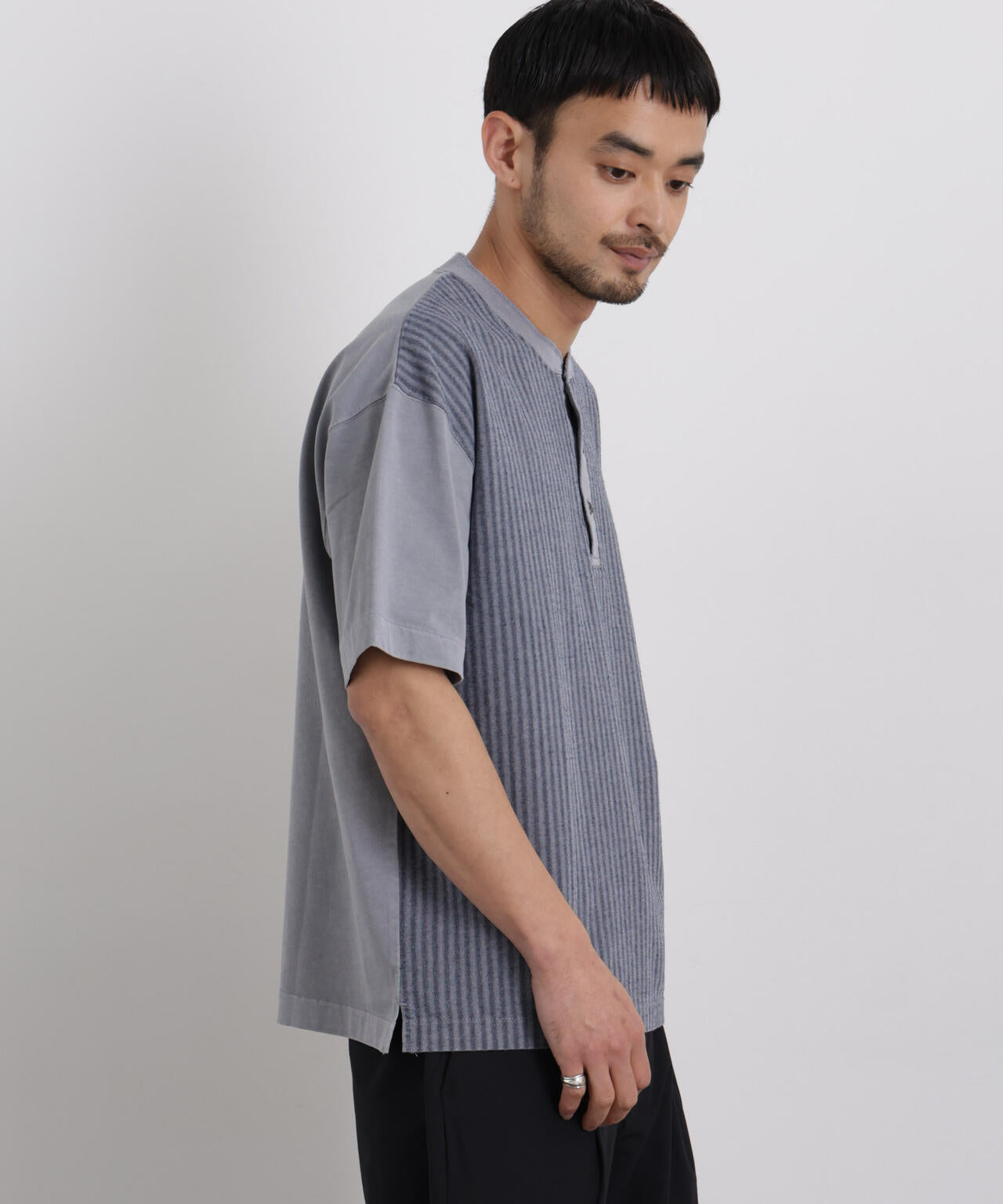 オーバーダイジャガードストライプヘンリーTシャツ 半袖 6726124221