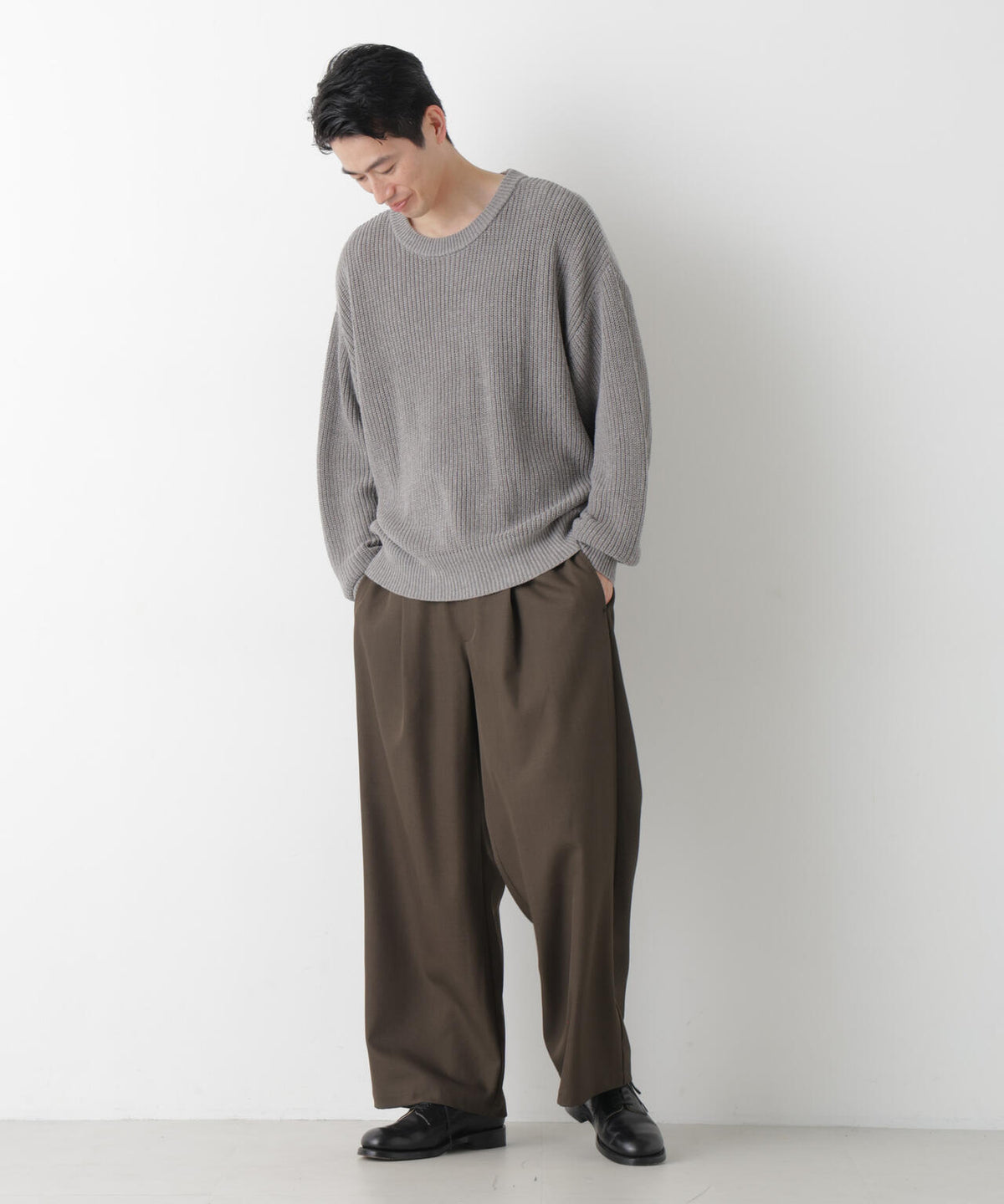 WEB限定/ワイドフィット畔編クルーネックニット 6726222227