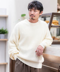 WEB限定/ワイドフィット畔編クルーネックニット