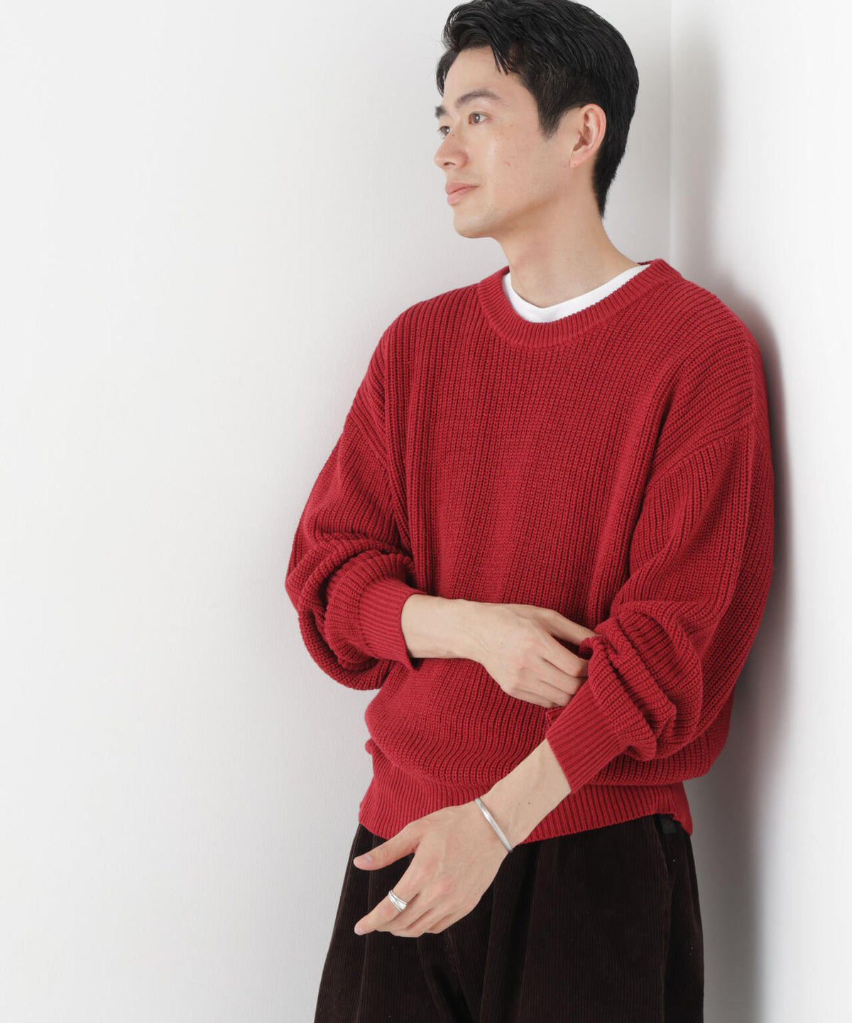 WEB限定/ワイドフィット畔編クルーネックニット 6726222227