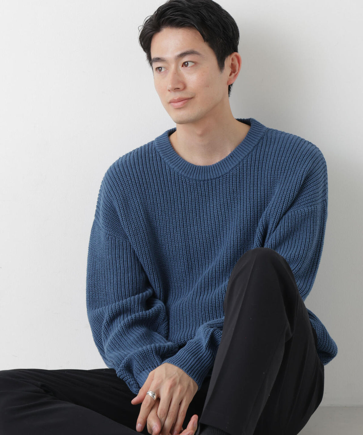 WEB限定/ワイドフィット畔編クルーネックニット 6726222227