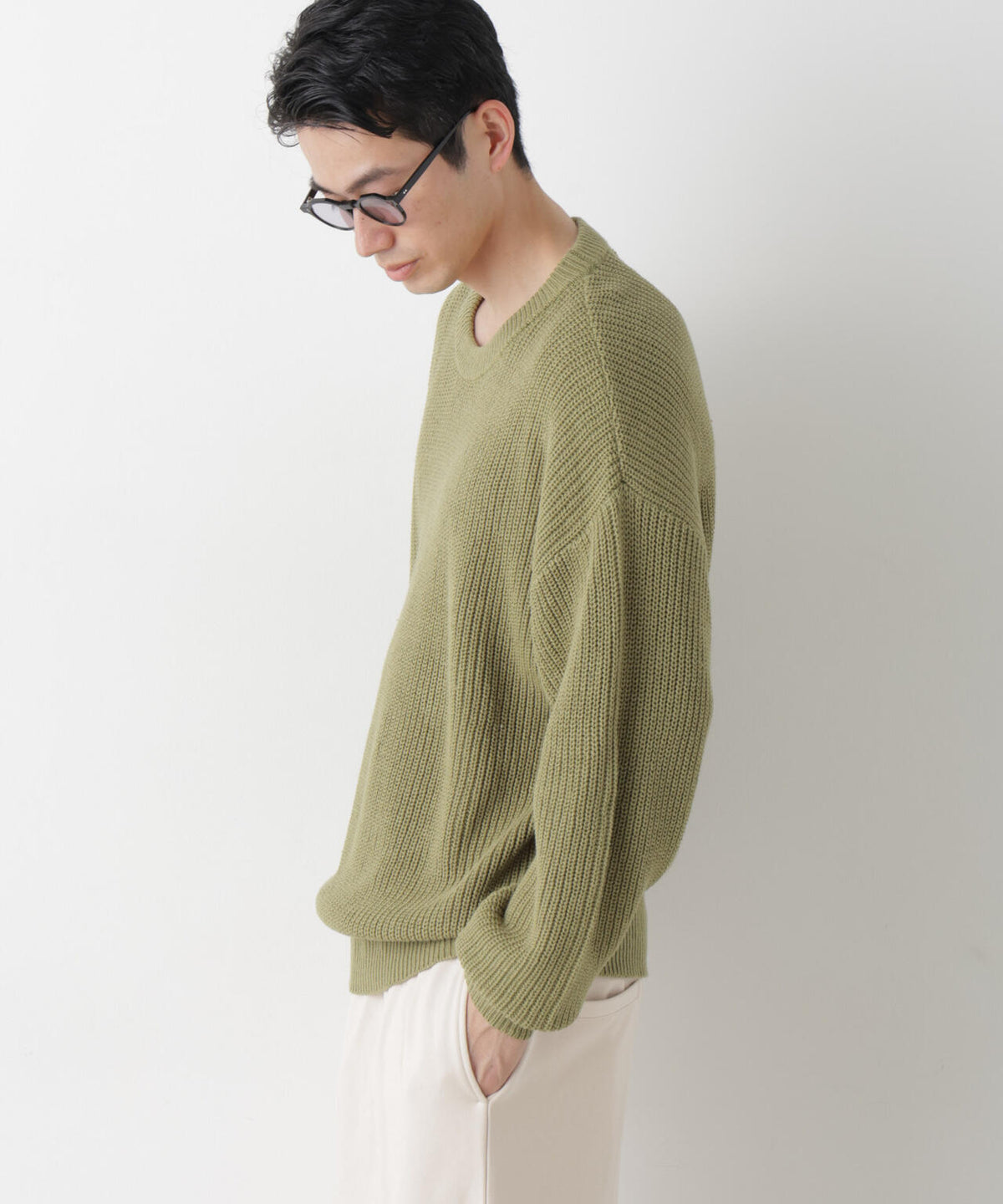 WEB限定/ワイドフィット畔編クルーネックニット 6726222227