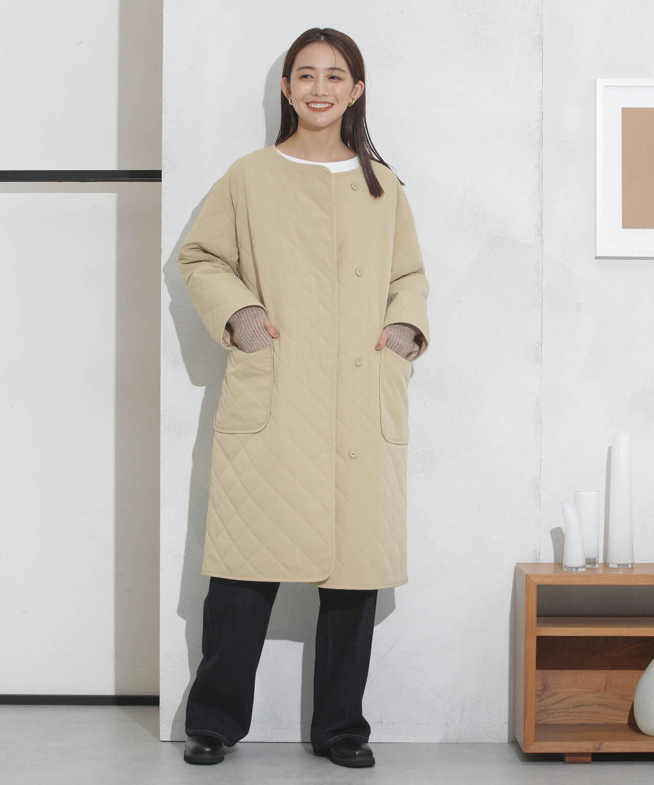 撥水加工・機能中綿　ノーカラーキルティングロングコート 6733211302