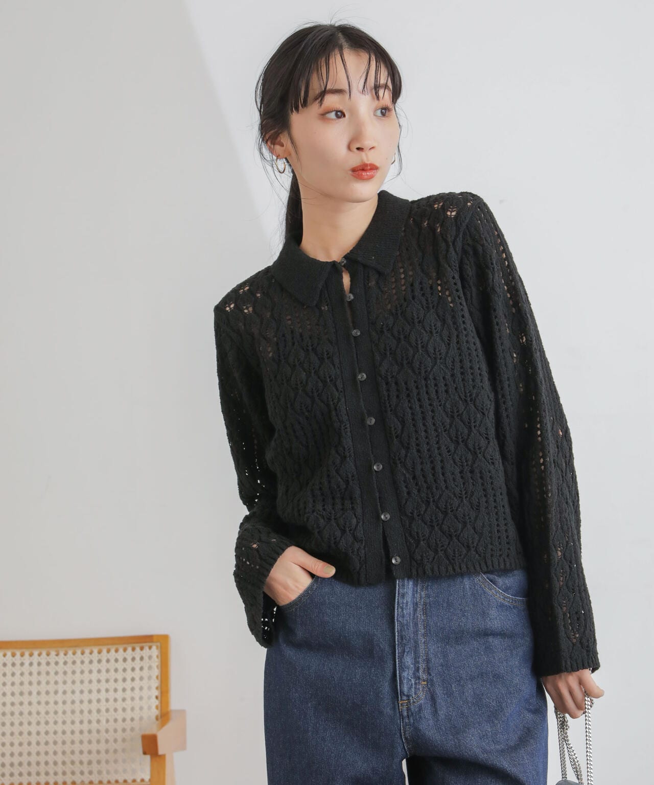 衿付き透かし編みカーディガン 6734122319